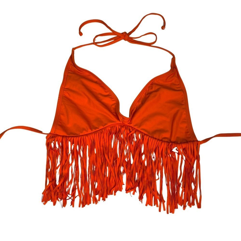 L*Space Orange‎ Fringe Halter Bikini Top Womens Size M Made in USA